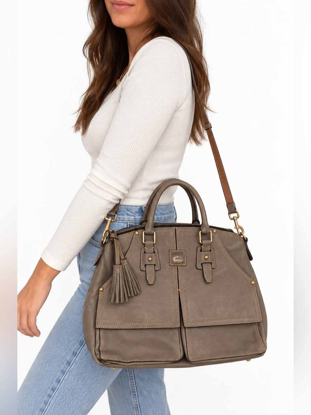 Dooney & Bourke Gray Leather Satchel Crossbody Bag 8L419 GY